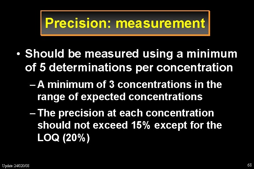 Precision: measurement • Should be measured using a minimum of 5 determinations per concentration