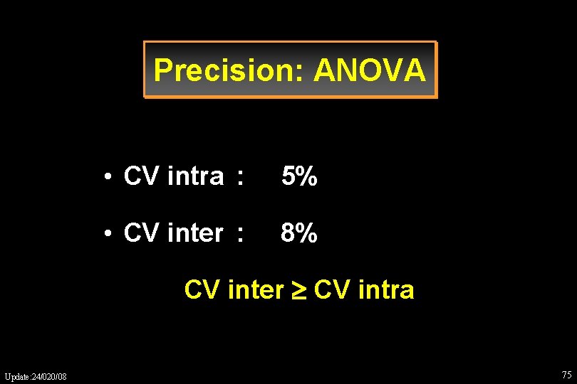 Precision: ANOVA • CV intra : 5% • CV inter : 8% CV inter