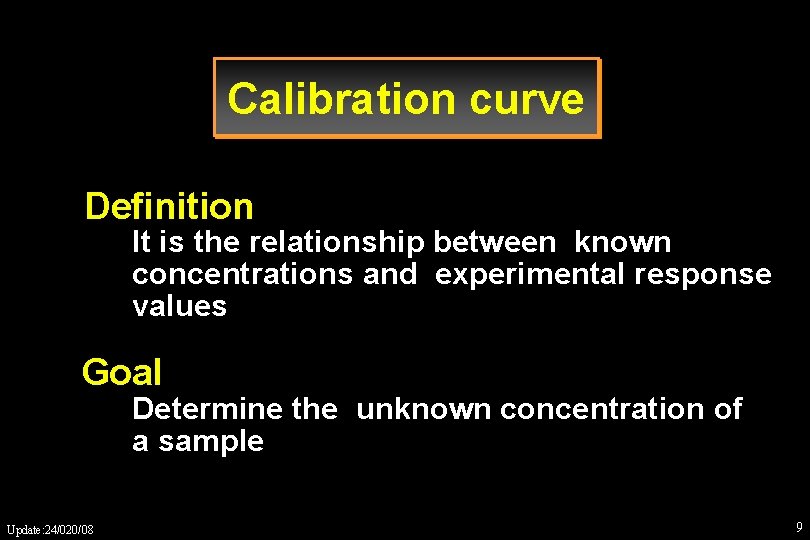 Calibration curve Definition It is the relationship between known concentrations and experimental response values