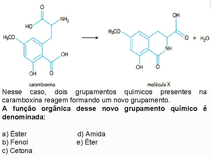 Nesse caso, dois grupamentos químicos presentes na caramboxina reagem formando um novo grupamento. A