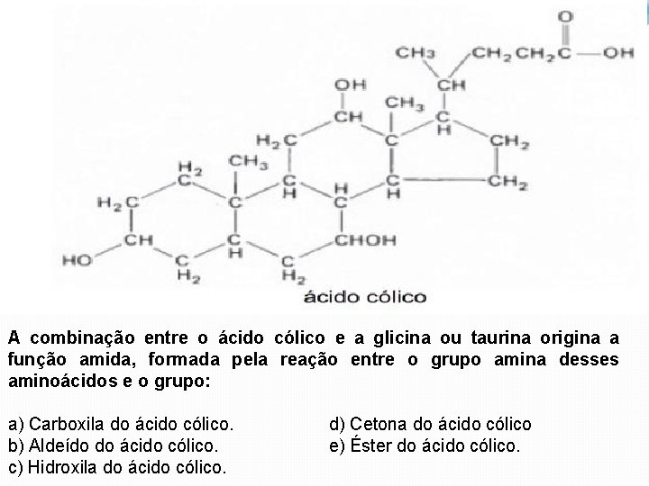 A combinação entre o ácido cólico e a glicina ou taurina origina a função