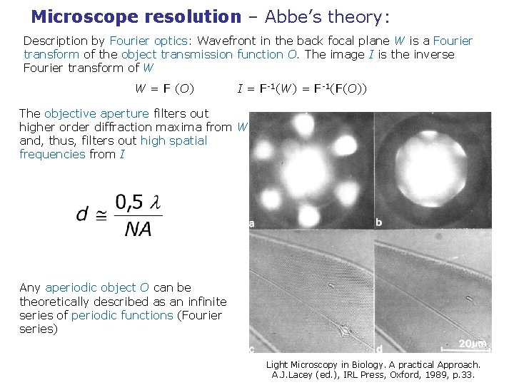 Microscope resolution – Abbe’s theory: Description by Fourier optics: Wavefront in the back focal