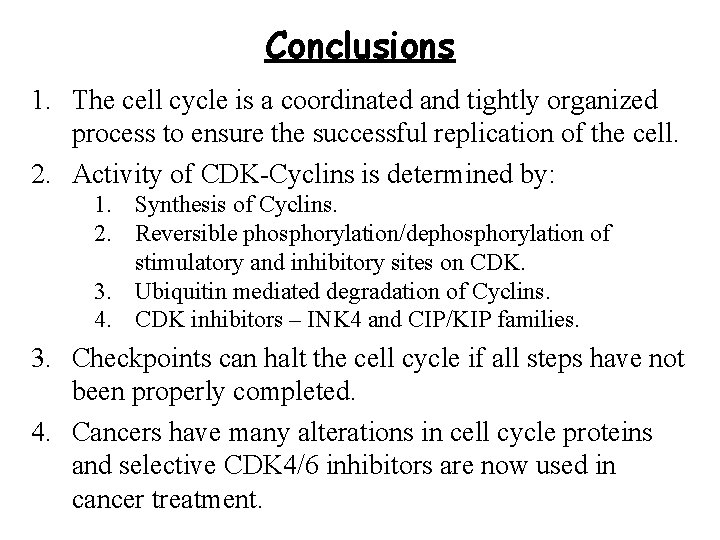 Conclusions 1. The cell cycle is a coordinated and tightly organized process to ensure