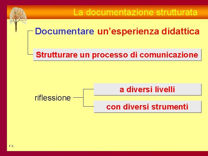 La documentazione strutturata Documentare un’esperienza didattica Strutturare un processo di comunicazione riflessione F. C.