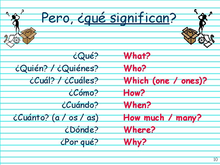 Pero, ¿qué significan? ¿Qué? ¿Quién? / ¿Quiénes? ¿Cuál? / ¿Cuáles? ¿Cómo? ¿Cuándo? ¿Cuánto? (a