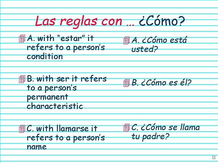 Las reglas con … ¿Cómo? 4 A. with “estar” it refers to a person’s