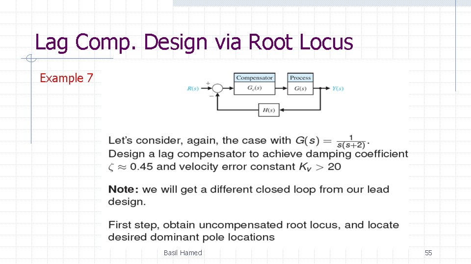 Lag Comp. Design via Root Locus Example 7 Basil Hamed 55 