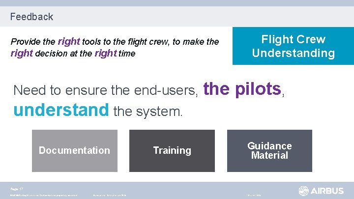 Feedback Provide the right tools to the flight crew, to make the right decision