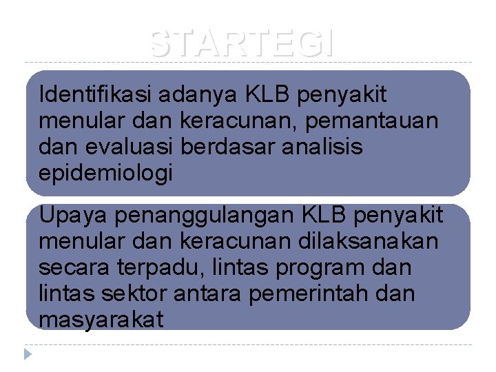 STARTEGI Identifikasi adanya KLB penyakit menular dan keracunan, pemantauan dan evaluasi berdasar analisis epidemiologi