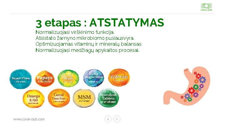 3 etapas : ATSTATYMAS Normalizuojasi virškinimo funkcija. Atsistato žarnyno mikrobiomo pusiausvyra. Optimizuojamas vitaminų ir