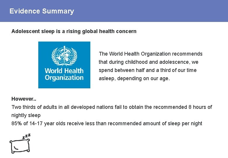 Evidence Summary Adolescent sleep is a rising global health concern The World Health Organization