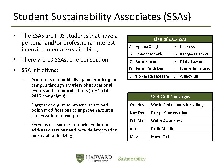 Student Sustainability Associates (SSAs) • The SSAs are HBS students that have a personal