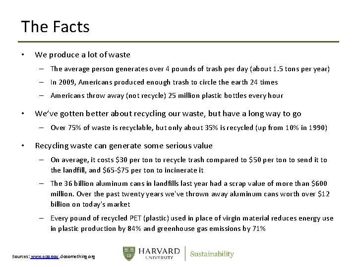 The Facts • We produce a lot of waste – The average person generates