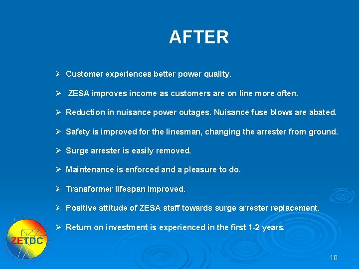 AFTER Ø Customer experiences better power quality. Ø ZESA improves income as customers are