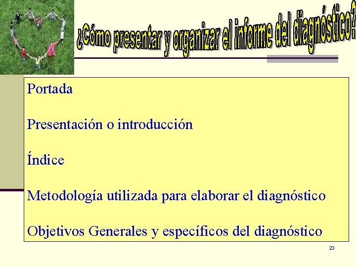 Portada Presentación o introducción Índice Metodología utilizada para elaborar el diagnóstico Objetivos Generales y