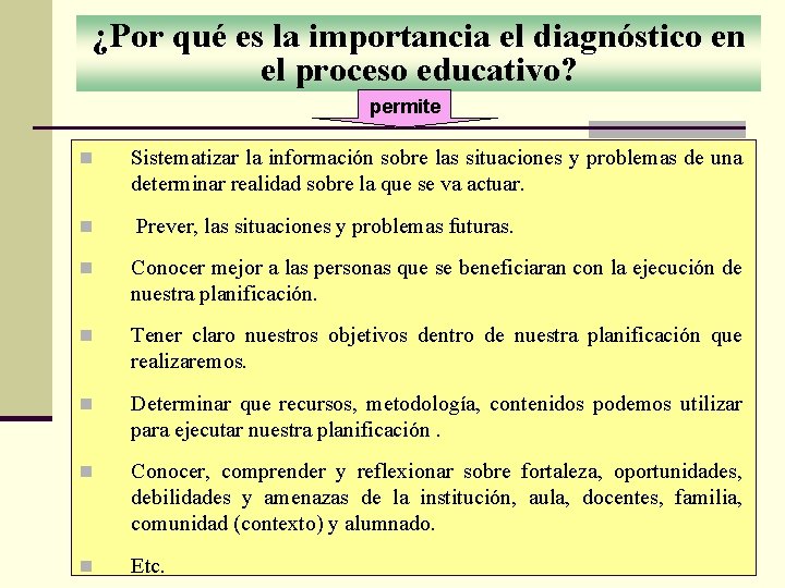 ¿Por qué es la importancia el diagnóstico en el proceso educativo? permite n Sistematizar