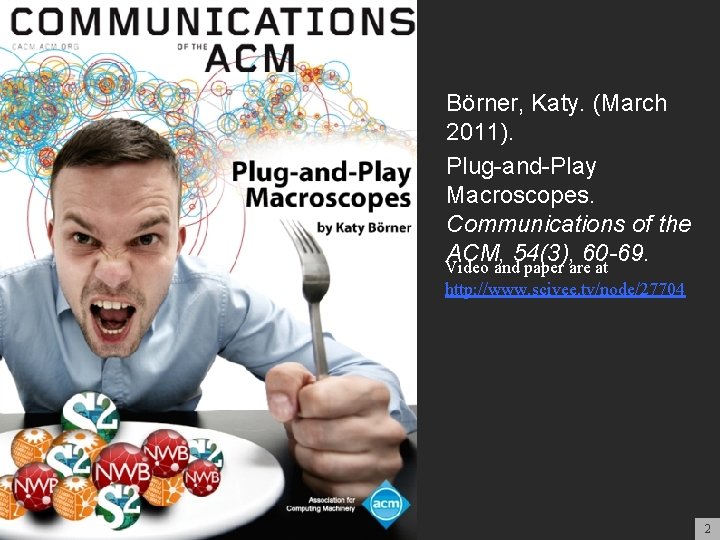 Börner, Katy. (March 2011). Plug-and-Play Macroscopes. Communications of the ACM, 54(3), 60 -69. Video