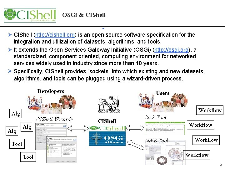 OSGi & CIShell Ø CIShell (http: //cishell. org) is an open source software specification