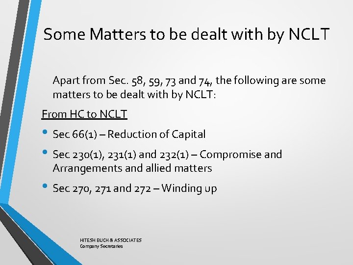 Some Matters to be dealt with by NCLT Apart from Sec. 58, 59, 73