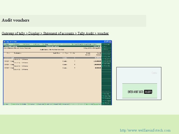 Audit vouchers Gateway of tally > Display > Statement of accounts > Tally Audit