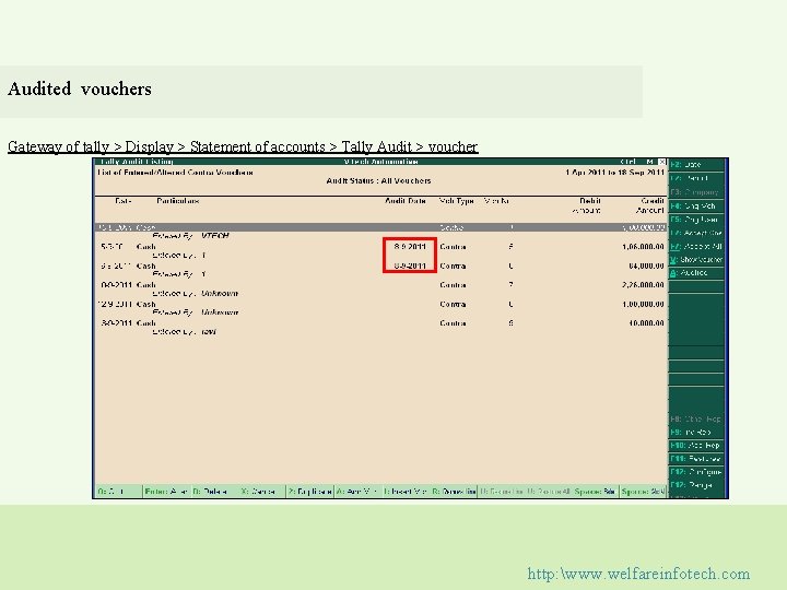 Audited vouchers Gateway of tally > Display > Statement of accounts > Tally Audit