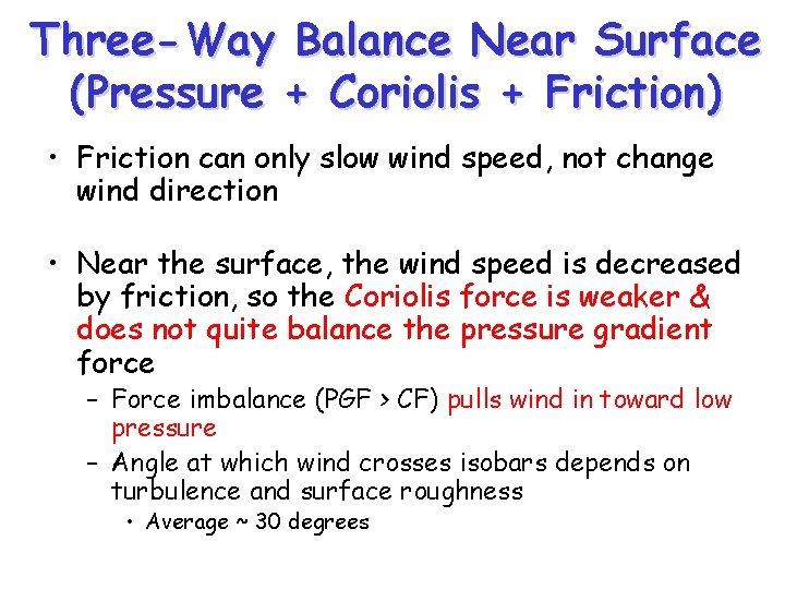 Three-Way Balance Near Surface (Pressure + Coriolis + Friction) • Friction can only slow