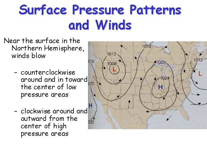 Surface Pressure Patterns and Winds Near the surface in the Northern Hemisphere, winds blow