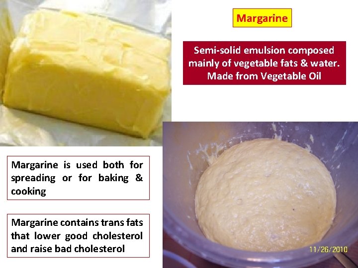 Margarine Semi solid emulsion composed mainly of vegetable fats & water. Made from Vegetable