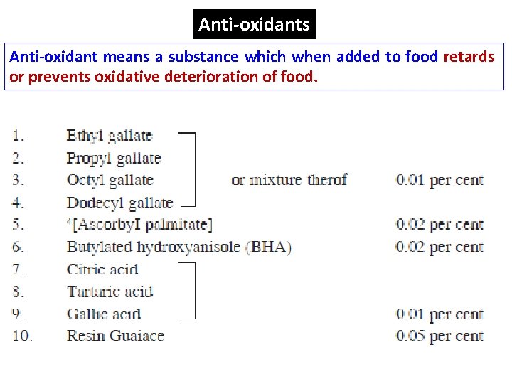 Anti oxidants Anti oxidant means a substance which when added to food retards or