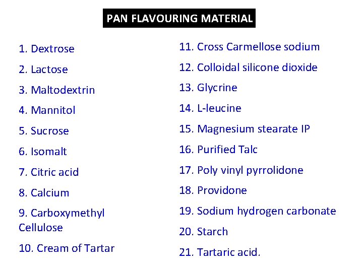 PAN FLAVOURING MATERIAL 1. Dextrose 11. Cross Carmellose sodium 2. Lactose 12. Colloidal silicone