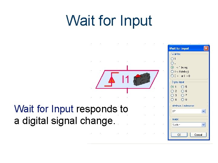 Wait for Input responds to a digital signal change. Wait for Input responds to a digital signal change.