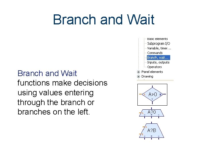 Branch and Wait functions make decisions using values entering through the branch or branches Branch and Wait functions make decisions using values entering through the branch or branches