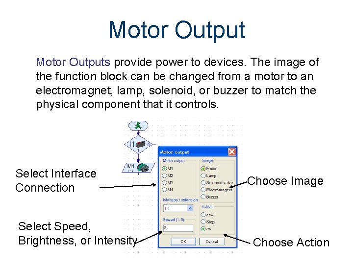 Motor Outputs provide power to devices. The image of the function block can be Motor Outputs provide power to devices. The image of the function block can be
