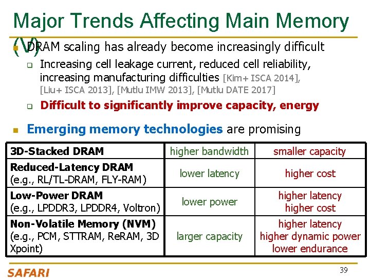 Major Trends Affecting Main Memory n DRAM scaling has already become increasingly difficult (V) Major Trends Affecting Main Memory n DRAM scaling has already become increasingly difficult (V)
