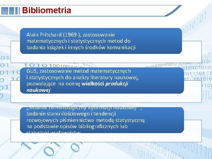 Bibliometria Alain Pritchard (1969 ), zastosowanie matematycznych i statystycznych metod do badania książek i