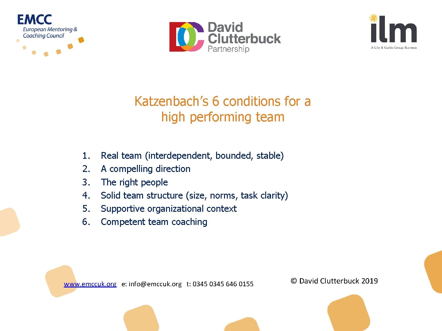 Katzenbach’s 6 conditions for a high performing team 1. 2. 3. 4. 5. 6.