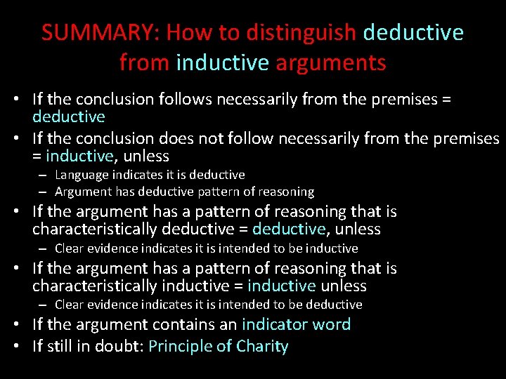 SUMMARY: How to distinguish deductive from inductive arguments • If the conclusion follows necessarily