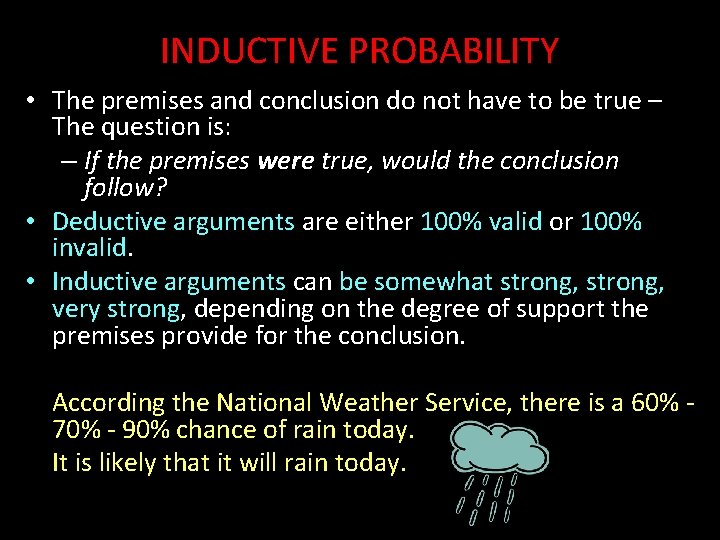 INDUCTIVE PROBABILITY • The premises and conclusion do not have to be true –