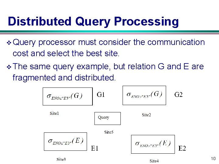 Distributed Query Processing v Query processor must consider the communication cost and select the