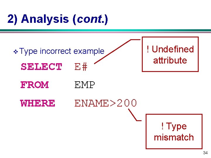 2) Analysis (cont. ) v Type incorrect example SELECT E# FROM EMP WHERE ENAME>200 2) Analysis (cont. ) v Type incorrect example SELECT E# FROM EMP WHERE ENAME>200