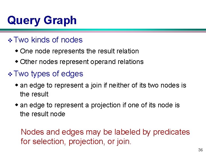 Query Graph v Two kinds of nodes w One node represents the result relation