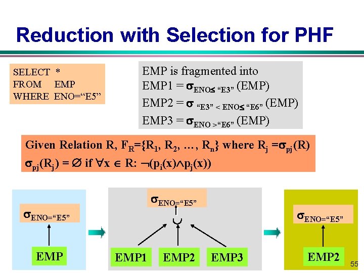 Reduction with Selection for PHF SELECT * FROM EMP WHERE ENO=“E 5” EMP is Reduction with Selection for PHF SELECT * FROM EMP WHERE ENO=“E 5” EMP is