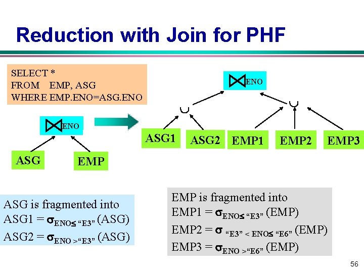 Reduction with Join for PHF SELECT * FROM EMP, ASG WHERE EMP. ENO=ASG. ENO Reduction with Join for PHF SELECT * FROM EMP, ASG WHERE EMP. ENO=ASG. ENO