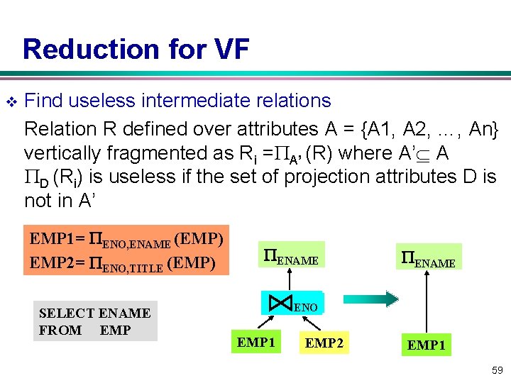 Reduction for VF v Find useless intermediate relations Relation R defined over attributes A