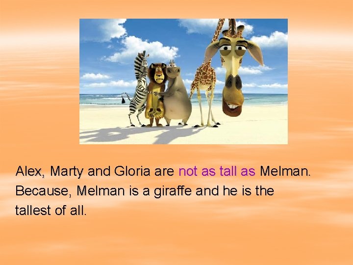 Alex, Marty and Gloria are not as tall as Melman. Because, Melman is a