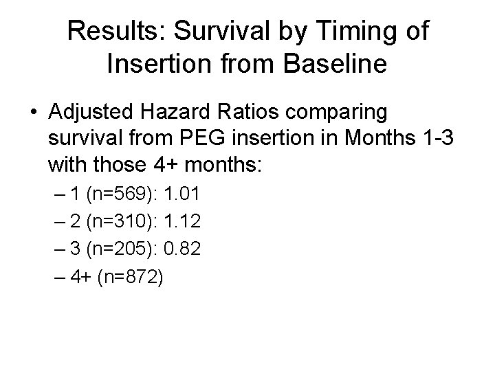 Results: Survival by Timing of Insertion from Baseline • Adjusted Hazard Ratios comparing survival