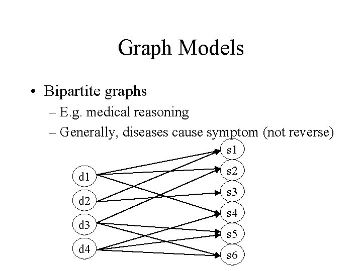 Graph Models • Bipartite graphs – E. g. medical reasoning – Generally, diseases cause