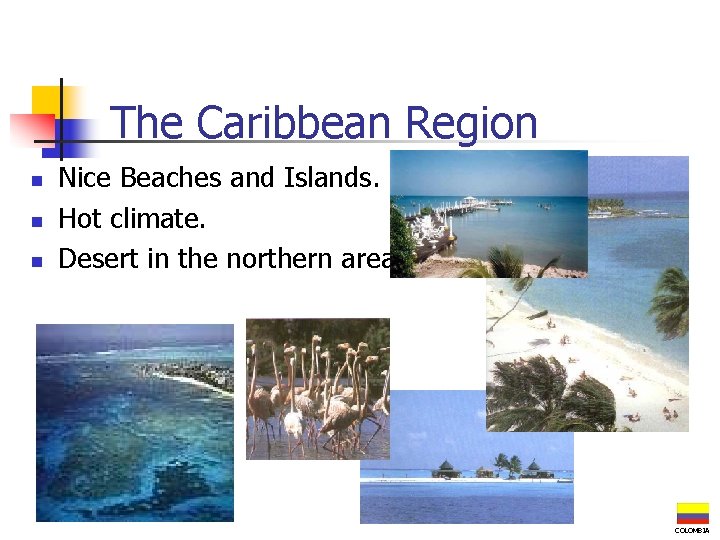 The Caribbean Region n Nice Beaches and Islands. Hot climate. Desert in the northern