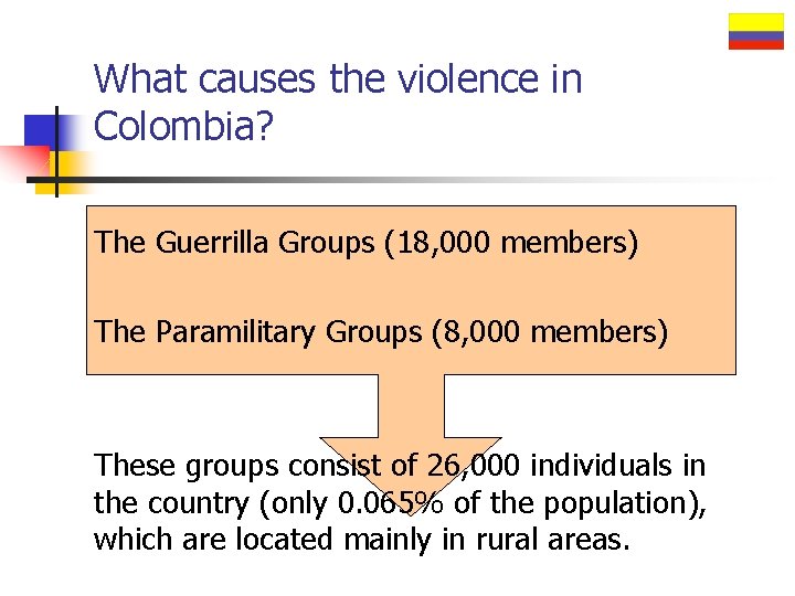 What causes the violence in Colombia? The Guerrilla Groups (18, 000 members) The Paramilitary