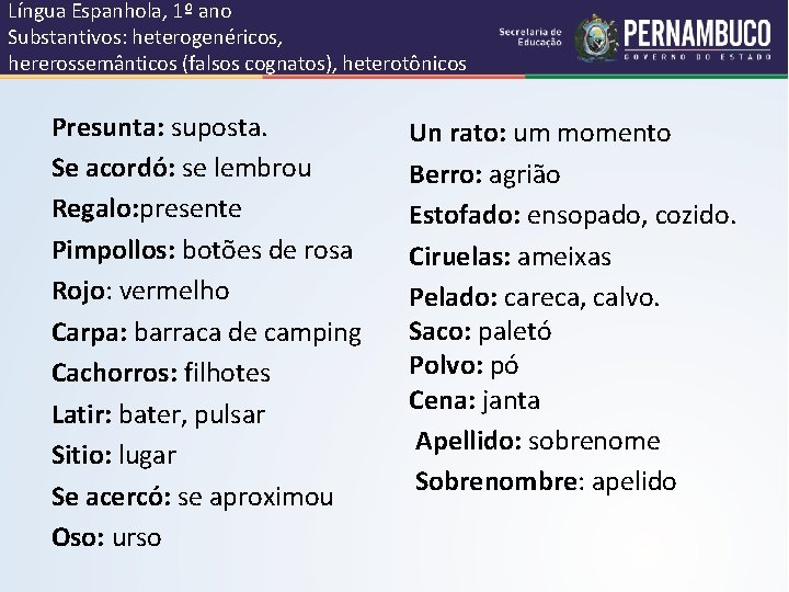 Língua Espanhola, 1º ano Substantivos: heterogenéricos, hererossemânticos (falsos cognatos), heterotônicos Presunta: suposta. Se acordó: